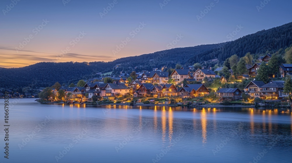 Fototapeta premium A serene lakeside village at dusk, illuminated by warm lights, reflecting on calm waters surrounded by hills.