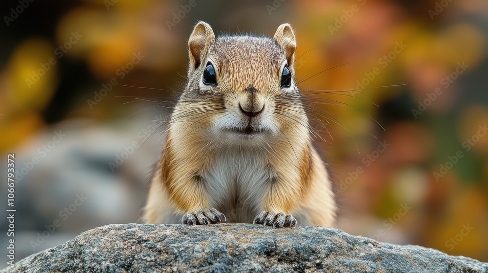 Close-up of a curious chipmunk on a rock, cute wildlife animal, nature portrait, adorable rodent, animal close-up, fall background, outdoor exploration, small mammal