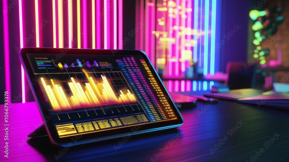 Tablet with gold investment data, glowing holographic charts, modern office setting, vibrant neon colors