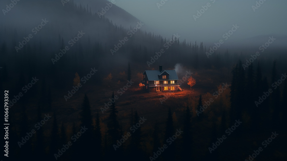 Naklejka premium night landscape, mysterious lonely house in misty autumn mountains, thriller, horror, fairy tale