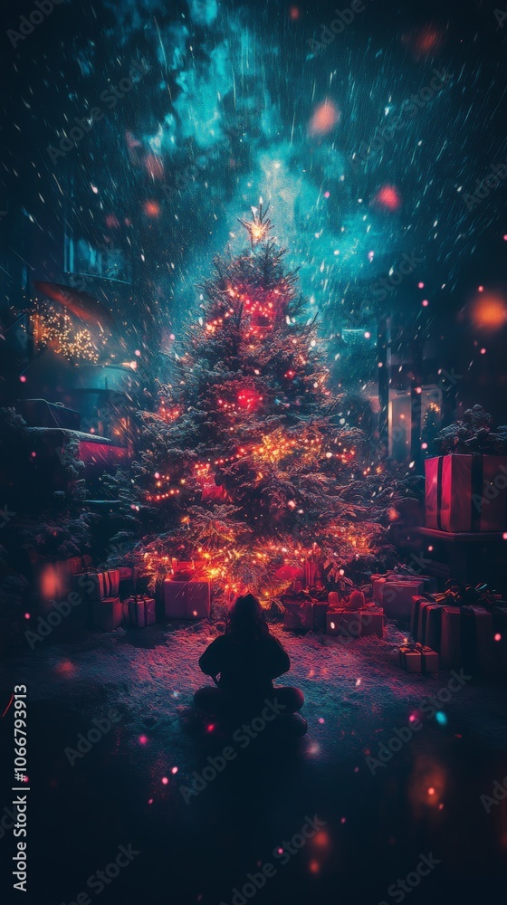 A Silhouette of a Child Watching the Beautifully Lit Christmas Tree A Silhouette of a Child Watching the Beautifully Lit Christmas Tree