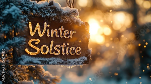 Winter Solstice Day inscription. Snowy forest landscape at sunset, abstract blurred background. Copy space,