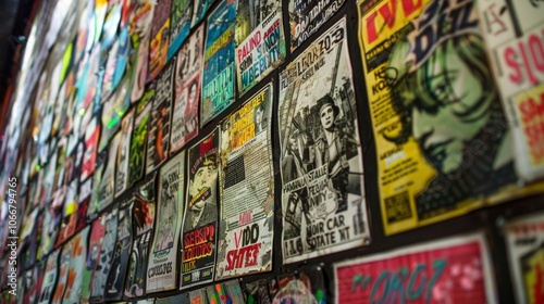 Wall covered in vibrant punk rock posters promoting bands and events, showcasing grunge, vintage, and alternative designs in an underground music scene