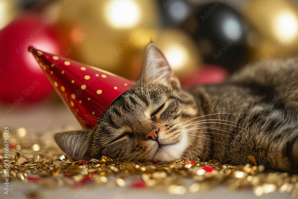 Cute cat with a red party hat, confetti balloons, and gold, New Year