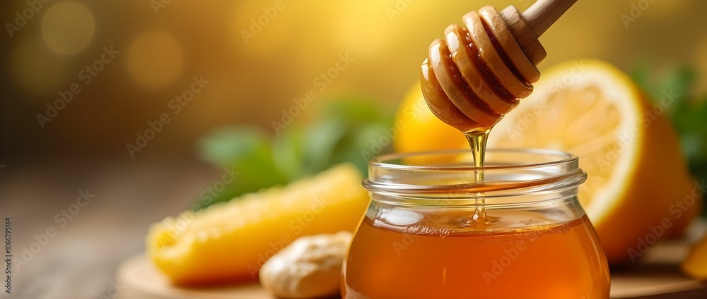 Shot of honey dripping from a honey dipper into a glass jar Shot of honey dripping from a honey dipper into a glass jar