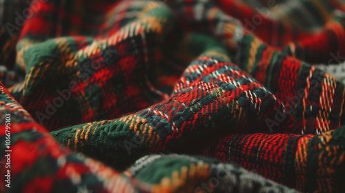 Red and green checkered wool fabric for a cozy winter or holiday-themed background in textile and fashion design.