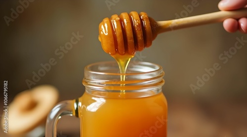 Shot of honey dripping from a honey dipper into a glass jar