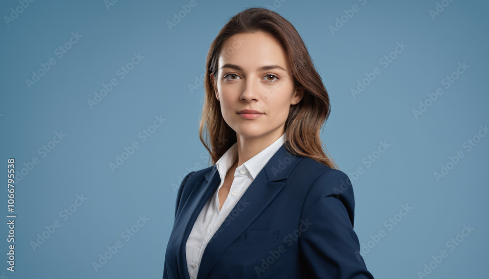 Portrait adulte femme employée souriante fond bleu entretien embauche. Portrait adulte femme employée souriante fond bleu entretien embauche.