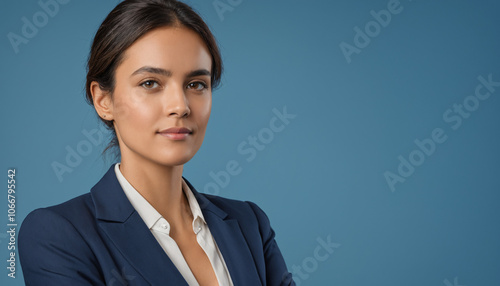 Portrait adulte femme employée souriante fond bleu entretien embauche.