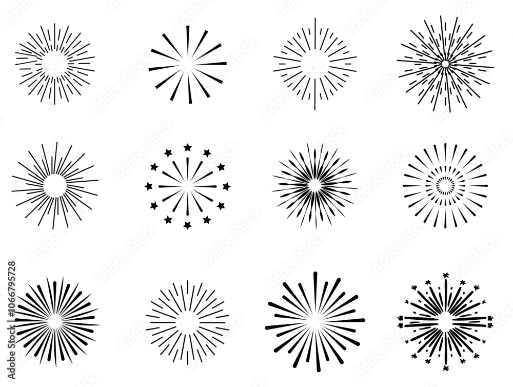 Vector set of retro style geometric shine icons, black circles isolated on white background, rays of explosions. Vector set of retro style geometric shine icons, black circles isolated on white background, rays of explosions.