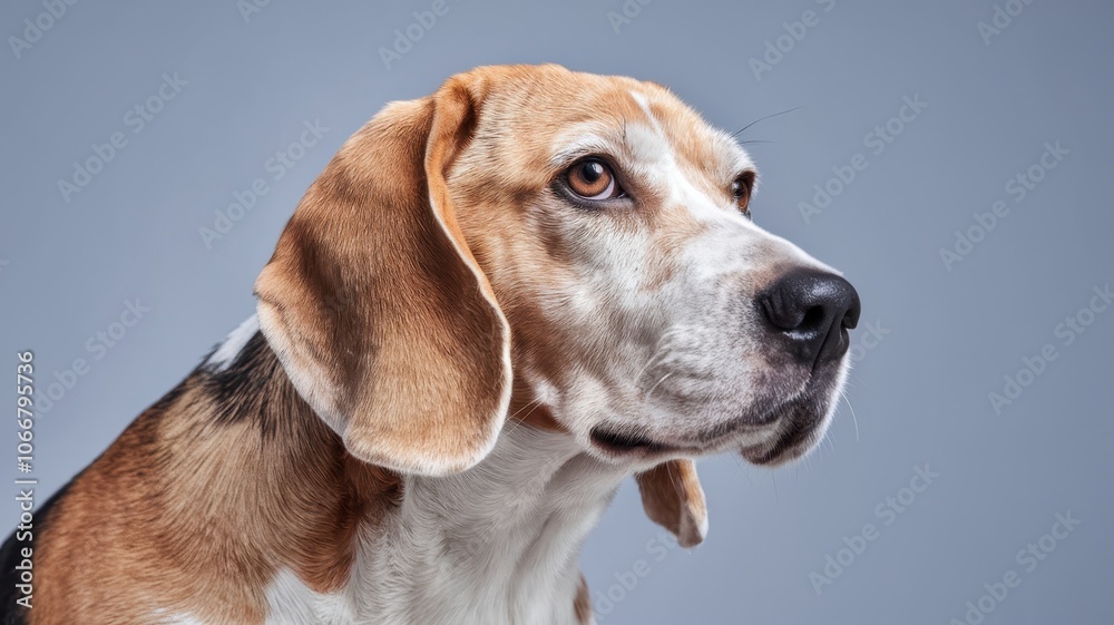 Beagle Dog Looking at Camera, Close-Up with Neutral Background Beagle Dog Looking at Camera, Close-Up with Neutral Background