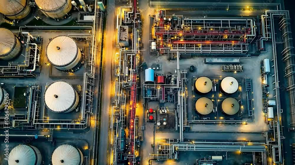An aerial view of an industrial facility showcasing storage tanks and interconnected pipelines illuminated at night. An aerial view of an industrial facility showcasing storage tanks and interconnected pipelines illuminated at night.