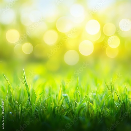 Fresh Green Grass With Sunlight Bokeh Background, Spring Or Summer Season Abstract Nature Background
