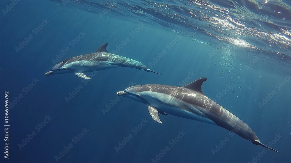 Naklejka premium Two dolphins swim in the blue ocean. This photo is perfect for showcasing marine life and the beauty of the ocean.