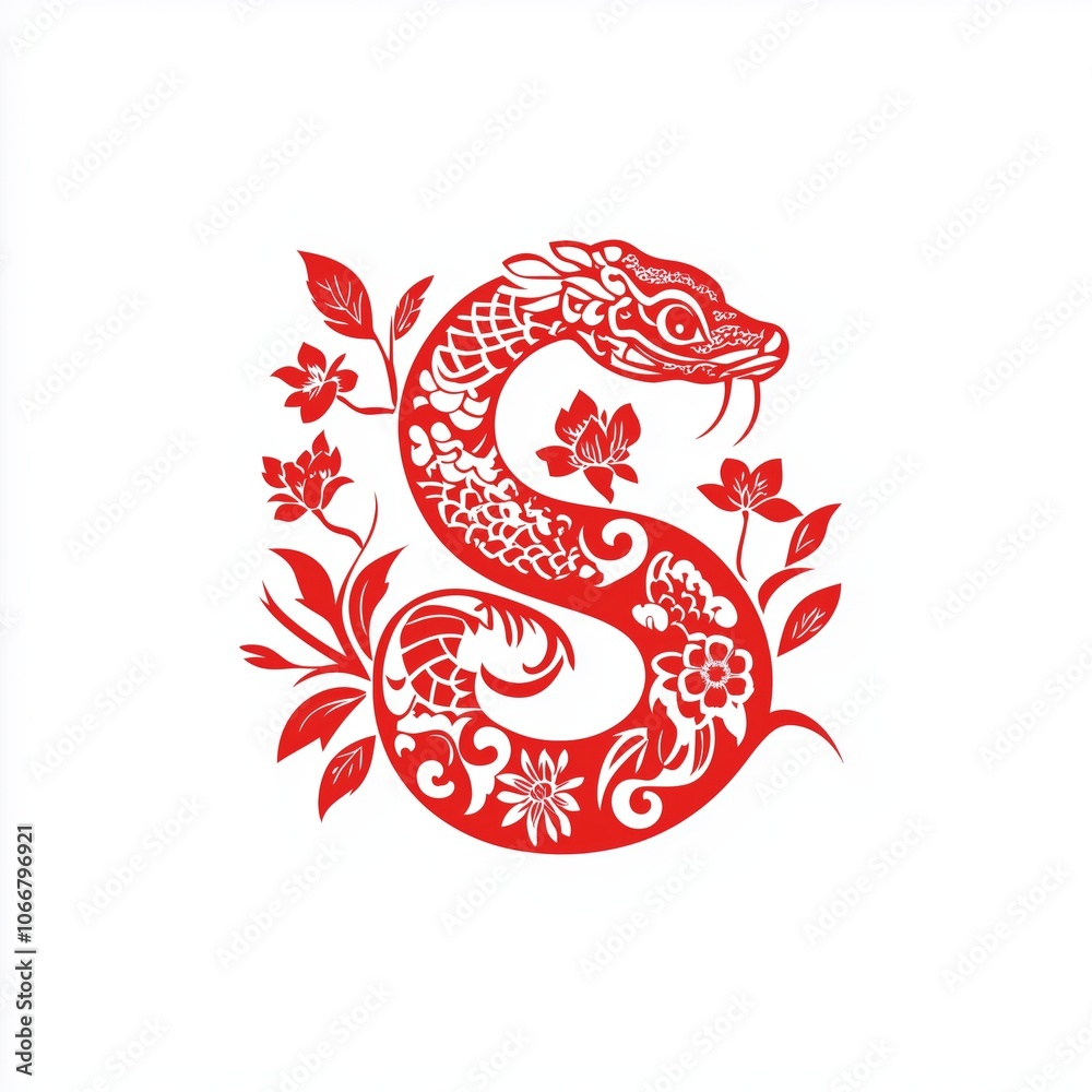The zodiac sign is a snake carved from red paper on a white background. The zodiac sign is a snake carved from red paper on a white background.