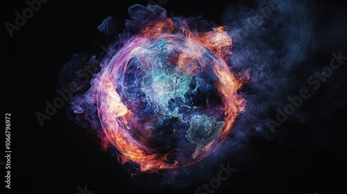 Burning globe isolated on black screen 