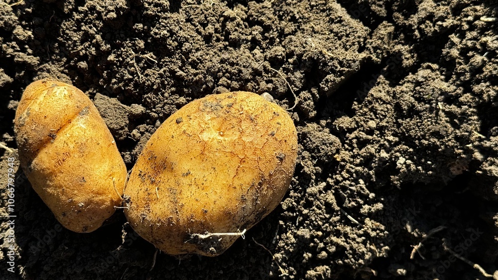 Freshly harvested potatoes resting on rich, dark soil in a rural garden setting during autumn Freshly harvested potatoes resting on rich, dark soil in a rural garden setting during autumn