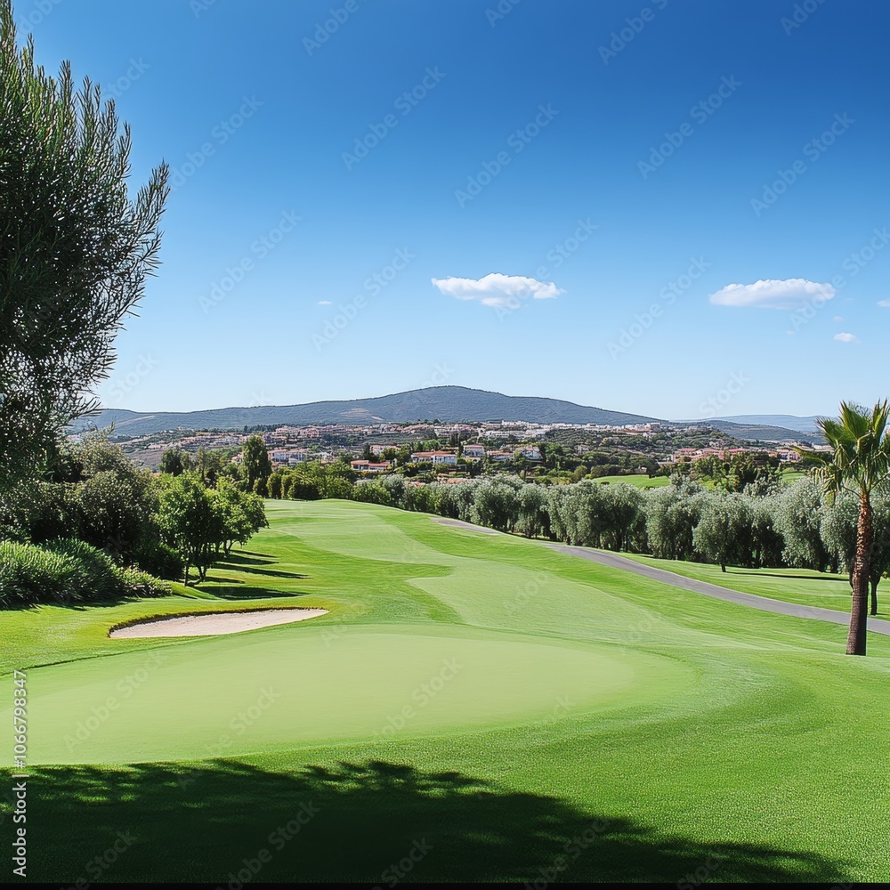 Luxury Golf Course with Lush Green Fairway, Sand Bunker and Scenic Mountain View on Sunny Day. Luxury Golf Course with Lush Green Fairway, Sand Bunker and Scenic Mountain View on Sunny Day.