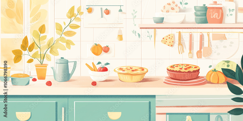 Thanksgiving Dinner Prep: Warm kitchen scene with pies and dishes in muted illustration Thanksgiving Dinner Prep: Warm kitchen scene with pies and dishes in muted illustration