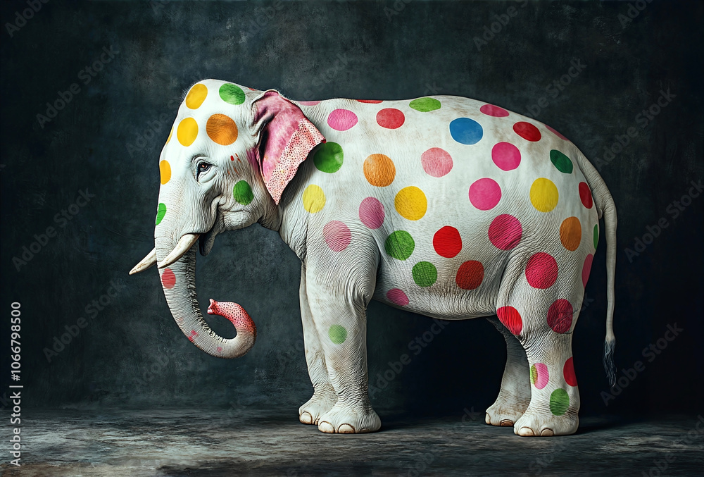 Obraz premium A white elephant with colorful polka dots.