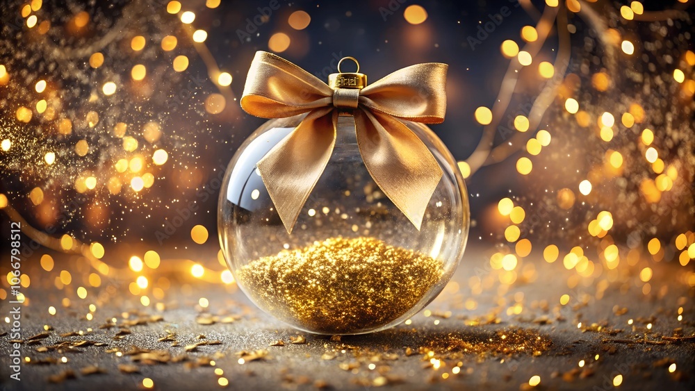 Close-up of transparent Christmas balls with golden glitter, with golden bow at top. Background with warm, blurred golden lights, sparkles and bokeh. Christmas illustration. Close-up of transparent Christmas balls with golden glitter, with golden bow at top. Background with warm, blurred golden lights, sparkles and bokeh. Christmas illustration.