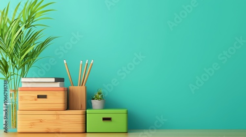 A modern workspace featuring stacked boxes, stationery, and a potted plant against a vibrant teal wall.