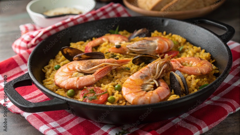 A traditional paella dish cooking in a large black skillet over a grill, set against a rustic brick oven background. The paella is richly garnished with large prawns, mussels, clams, and red peppers, 
