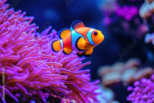 Clownfish swimming by coral. This image is perfect for websites and blogs about marine life and ocean conservation.