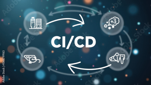 Graphic representation of a CI/CD pipeline with various stages and icons related to software development. photo