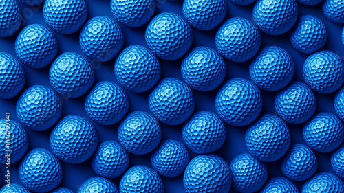 Vibrant blue golf balls arranged in a neat pattern on a flat surface in a studio setting