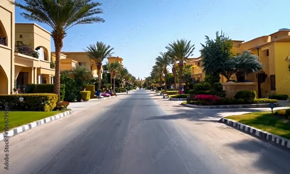 A serene street lined with palm trees and lush greenery. A serene street lined with palm trees and lush greenery.