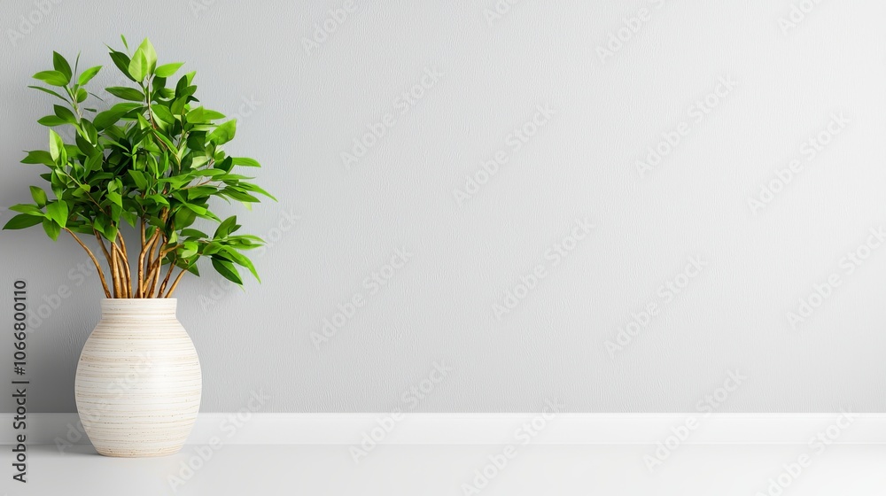 A modern vase with greenery placed on a light surface against a subtle textured wall background, enhancing a minimalist decor theme. A modern vase with greenery placed on a light surface against a subtle textured wall background, enhancing a minimalist decor theme.