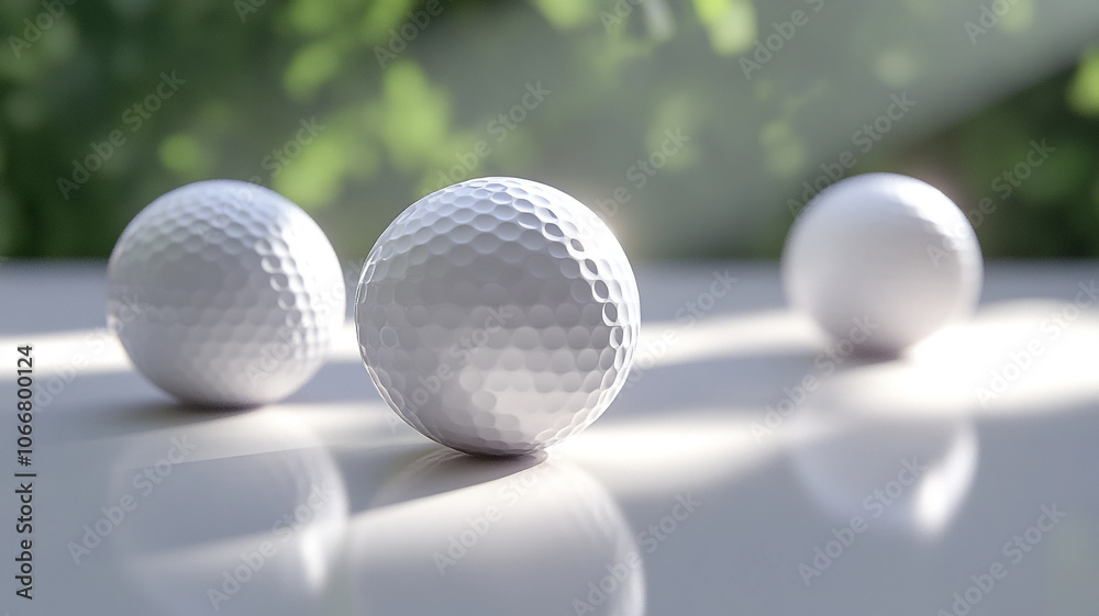 Three white golf balls placed in sunlight on a smooth surface with green background Three white golf balls placed in sunlight on a smooth surface with green background