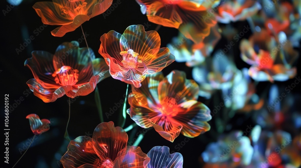Glowing abstract flowers bloom in dark background, perfect for nature, technology, and design projects Glowing abstract flowers bloom in dark background, perfect for nature, technology, and design projects