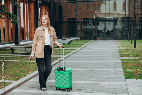 Cheerful young woman in casual outfit walking on the city park with green luggage. 30s Woman dragging suitcase near hotel. Travel Fashion concept. Full body