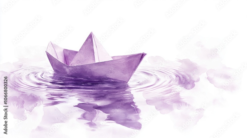 A serene purple paper boat gently floating on calm water, surrounded by soft ripples and a dreamy atmosphere. A serene purple paper boat gently floating on calm water, surrounded by soft ripples and a dreamy atmosphere.