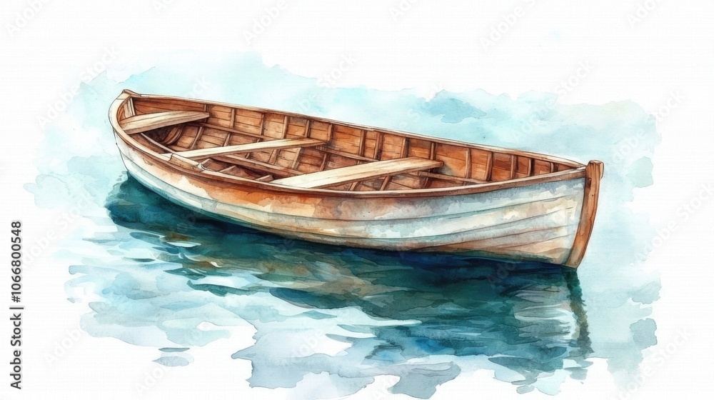 A serene watercolor illustration of a wooden boat floating on tranquil water, capturing nature's beauty and calmness.
