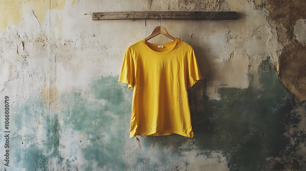 Yellow T-shirt Hanging on a Weathered Wall Yellow T-shirt Hanging on a Weathered Wall