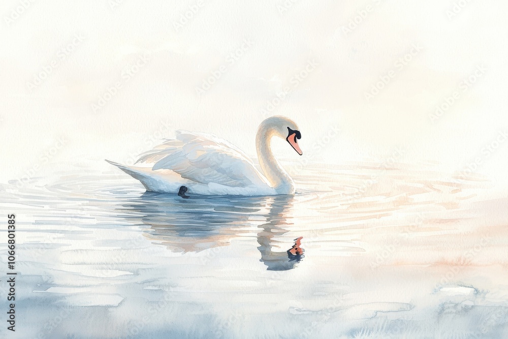 Elegant swan gracefully glides across serene water, reflecting its beauty in a tranquil setting towards a soft pastel backdrop. Elegant swan gracefully glides across serene water, reflecting its beauty in a tranquil setting towards a soft pastel backdrop.