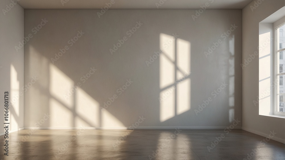 Obraz premium Subtle window shadow overlaying a smooth white wall. Bright, airy room with sunlight spilling in, creating soft highlights. Minimalistic mockup, home appliance product background 3D 