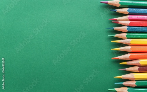 Colorful pencils in an organized row at the base of a green background, close-up with copy space for text.  photo