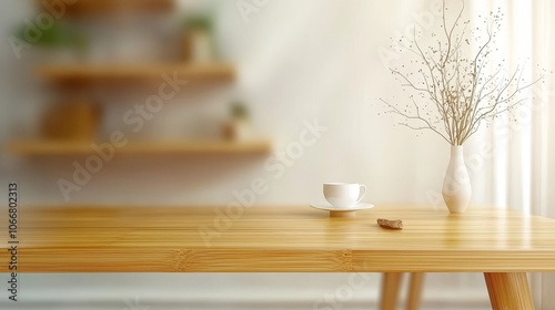 Wallpaper Mural A serene, minimalist scene featuring a wooden table adorned with a small vase and delicate flowers, creating a peaceful atmosphere. Torontodigital.ca