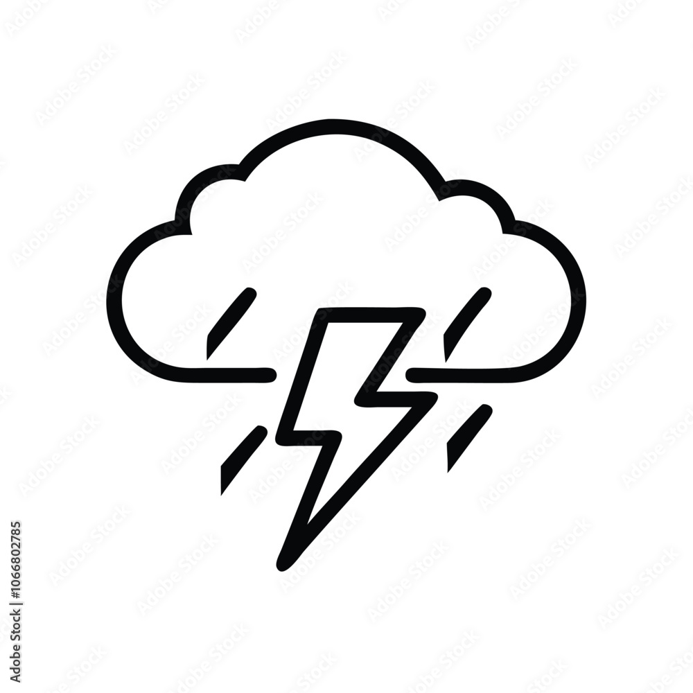 Thunderstorm Cloud Icon with Lightning Bolt, Simple black outline icon of a cloud with lightning bolt and rain, representing a thunderstorm, ideal for weather, forecast, and climate themes.
Thunderstorm Cloud Icon with Lightning Bolt, Simple black outline icon of a cloud with lightning bolt and rain, representing a thunderstorm, ideal for weather, forecast, and climate themes.