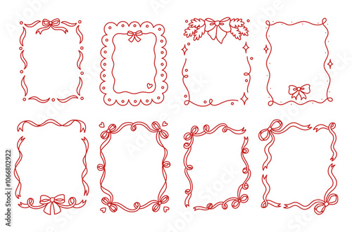 Set of frames with coquette pretty charming red bows and ribbons. Hand drawn trendy border. Vintage elements for greeting cards, christmas, wedding, invitations, social media