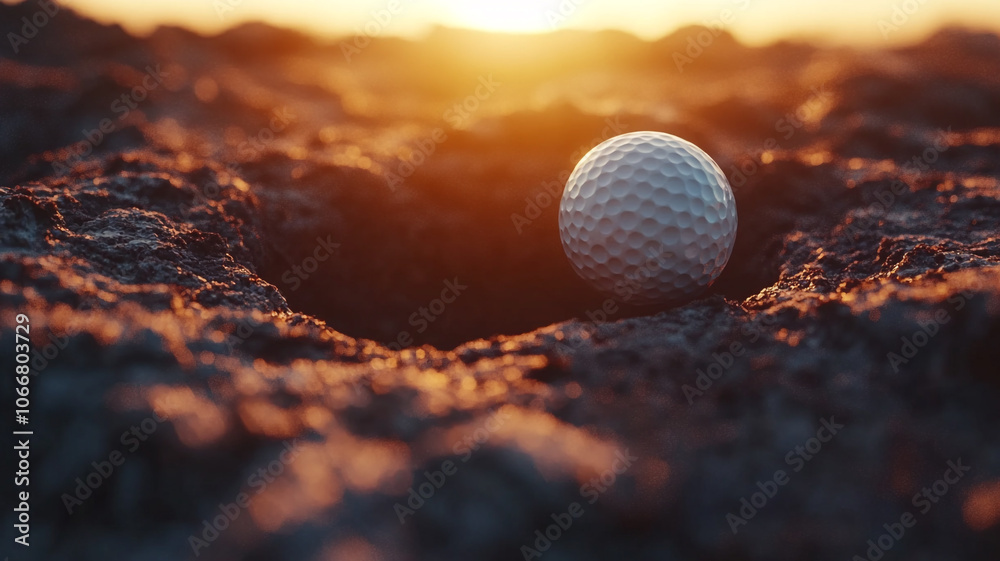 A golf ball rests near a hole at sunset, highlighting a calm evening on the course A golf ball rests near a hole at sunset, highlighting a calm evening on the course