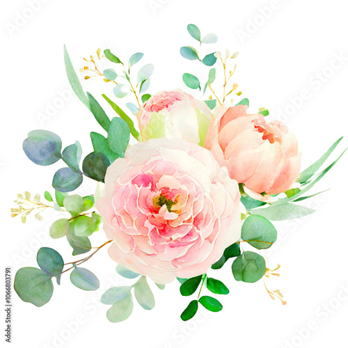 Soft Watercolor Greenery and Floral Frame with Pink Flowers and Eucalyptus