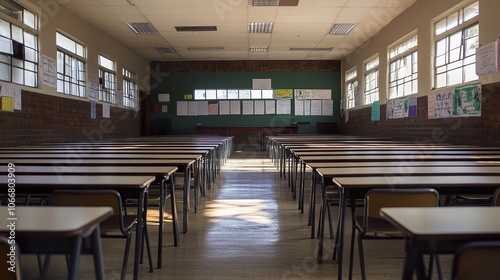 Empty classroom with rows of desks and chairs.