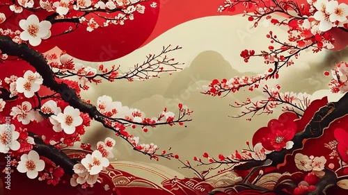 梅モチーフの日本の美しい紅白風景年賀状