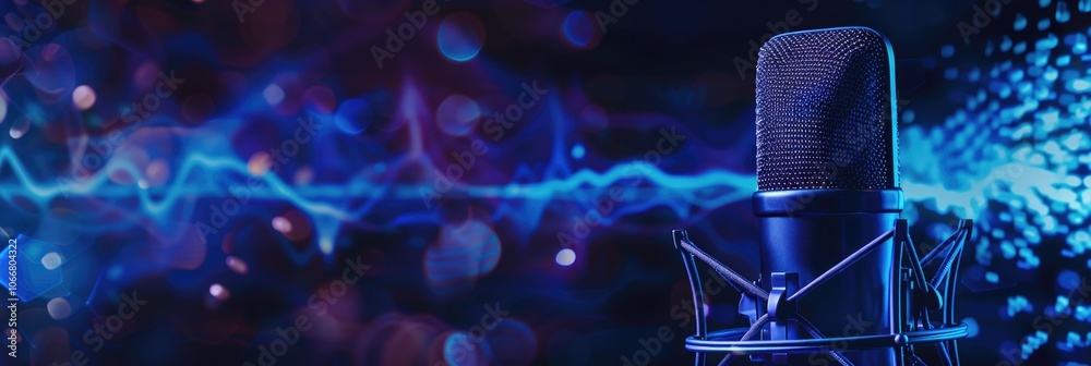 News Radio. Microphone with Waveform on Blue Background for Broadcasting or Podcasting Banner News Radio. Microphone with Waveform on Blue Background for Broadcasting or Podcasting Banner