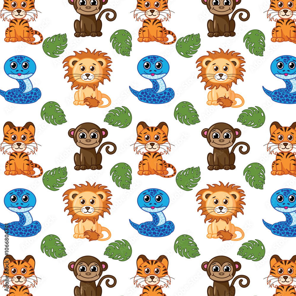 Fototapeta premium Cute seamless children colorful pattern with animals. Cartoon cute animals including lion, tiger, monkey, snake.